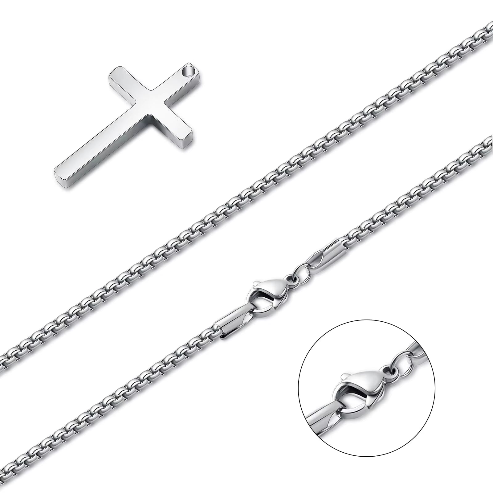 Shevalu 16-24 Inch Silver Cross Necklace Mens Cross Necklaces with 2.5Mm Cross Chain and Exquisite Stainless Steel Cross Pendant